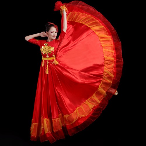 Red flamenco dress bull dance dress for women chorus choir stage performance chinese folk  ballroom dresses